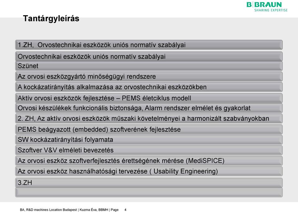 orvostechnikai eszközökben Aktív orvosi eszközök fejlesztése PEMS életciklus modell Orvosi készülékek funkcionális biztonsága, Alarm rendszer elmélet és gyakorlat 2.