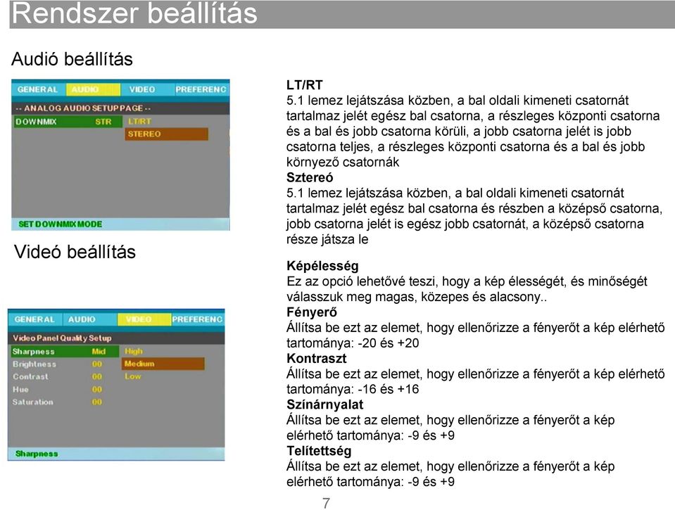 teljes, a részleges központi csatorna és a bal és jobb környező csatornák Sztereó 5.