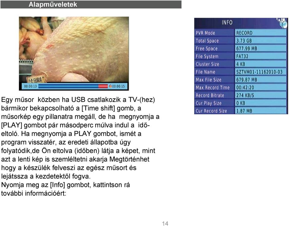 Ha megnyomja a PLAY gombot, ismét a program visszatér, az eredeti állapotba úgy folyatódik,de Ön eltolva (időben) látja a képet, mint