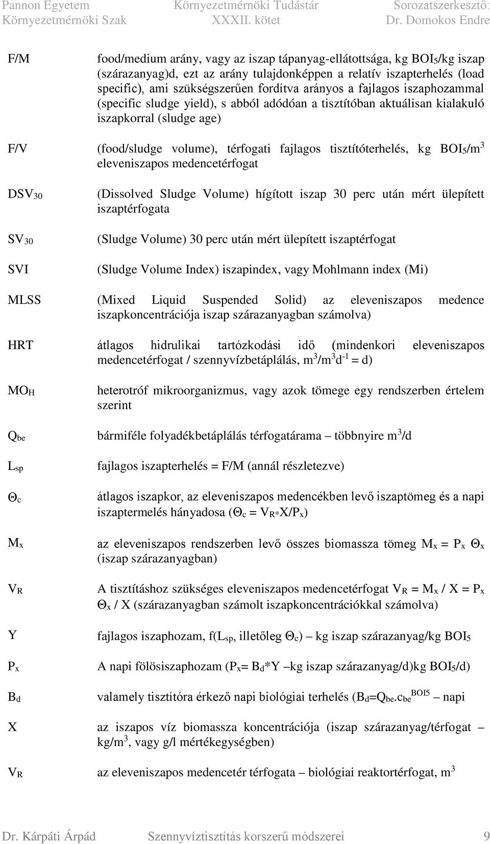 eleveniszapos medencetérfogat DSV30 SV30 SVI (Dissolved Sludge Volume) hígított iszap 30 perc után mért ülepített iszaptérfogata (Sludge Volume) 30 perc után mért ülepített iszaptérfogat (Sludge
