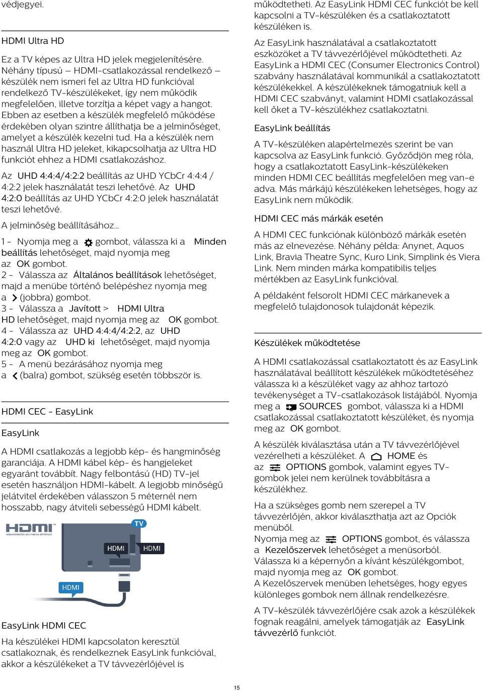 Az EasyLink a HDMI CEC (Consumer Electronics Control) szabvány használatával kommunikál a csatlakoztatott készülékekkel.