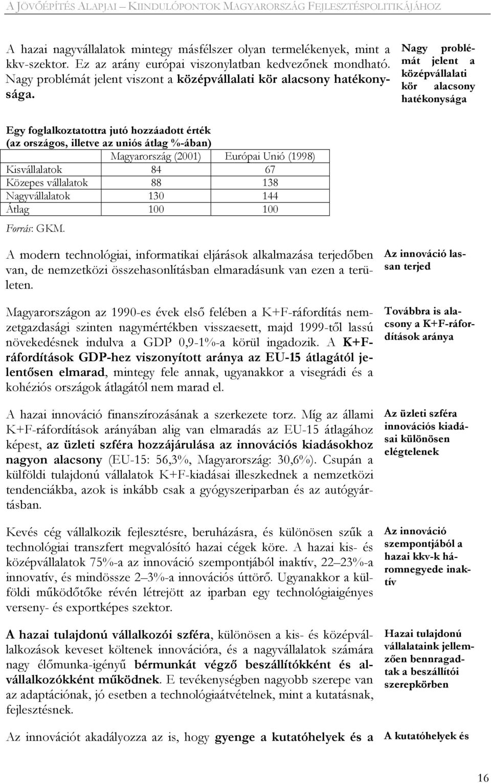 Nagy problémát jelent a középvállalati kör alacsony hatékonysága Egy foglalkoztatottra jutó hozzáadott érték (az országos, illetve az uniós átlag %-ában) Magyarország (2001) Európai Unió (1998)