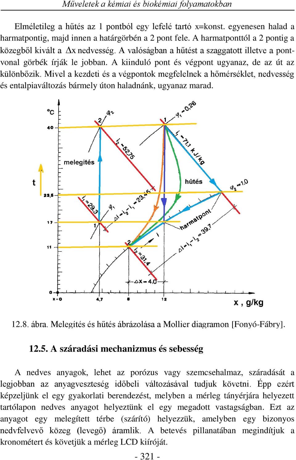 Mivel a kezdeti és a végpontok megfelelnek a hőmérséklet, nedvesség és entalpiaváltozás bármely úton haladnánk, ugyanaz marad. 12.8. ábra.