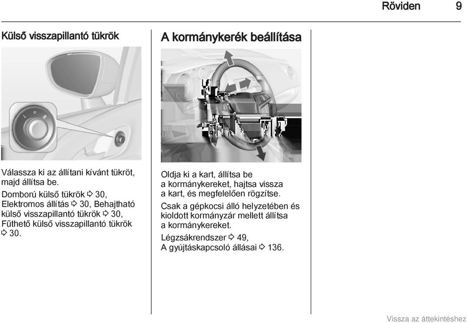 visszapillantó tükrök 3 30. Oldja ki a kart, állítsa be a kormánykereket, hajtsa vissza a kart, és megfelelően rögzítse.