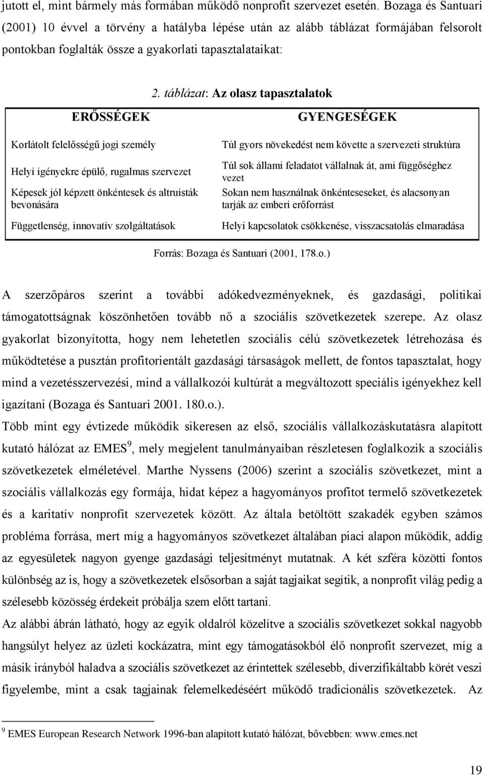 táblázat: Az olasz tapasztalatok ERŐSSÉGEK Korlátolt felelősségű jogi személy Helyi igényekre épülő, rugalmas szervezet Képesek jól képzett önkéntesek és altruisták bevonására Függetlenség, innovatív