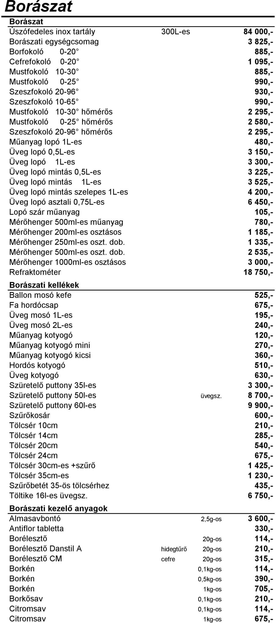 300,- Üveg lopó mintás 0,5L-es 3 225,- Üveg lopó mintás 1L-es 3 525,- Üveg lopó mintás szelepes 1L-es 4 200,- Üveg lopó asztali 0,75L-es 6 450,- Lopó szár műanyag 105,- Mérőhenger 500ml-es műanyag