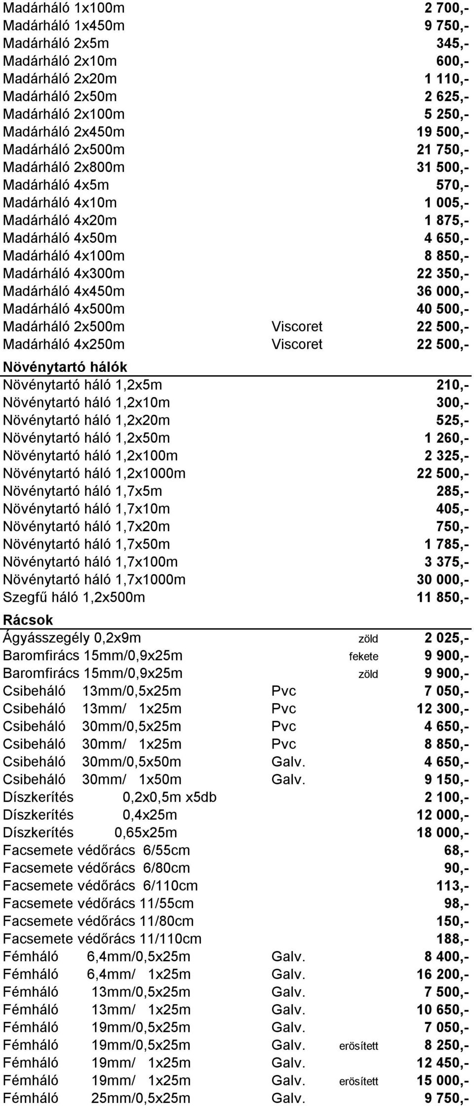 Madárháló 4x450m 36 000,- Madárháló 4x500m 40 500,- Madárháló 2x500m Viscoret 22 500,- Madárháló 4x250m Viscoret 22 500,- Növénytartó hálók Növénytartó háló 1,2x5m 210,- Növénytartó háló 1,2x10m