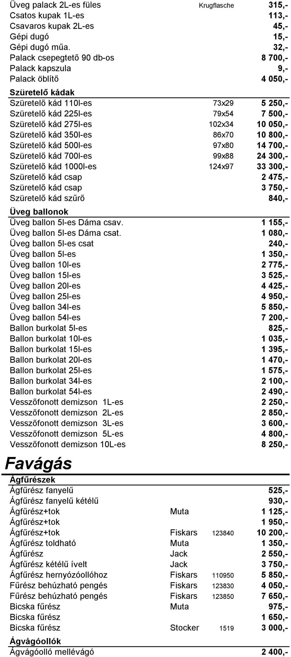 10 050,- Szüretelő kád 350l-es 86x70 10 800,- Szüretelő kád 500l-es 97x80 14 700,- Szüretelő kád 700l-es 99x88 24 300,- Szüretelő kád 1000l-es 124x97 33 300,- Szüretelő kád csap 2 475,- Szüretelő kád