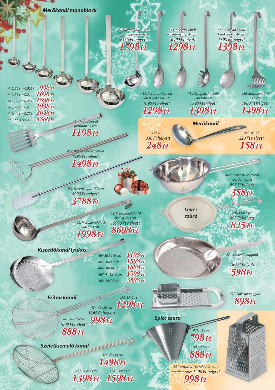 Burgonyatörő 35,5 cm 1690 Ft helyett 1790 Ft helyett 1980 Ft helyett 1 1 459. Fordítólapát perforált 39 cm 1 Merőkanál 1198 Ft 457. 0,1 l 458. 0,05 l 330 Ft helyett 220 Ft helyett 248 Ft 460.