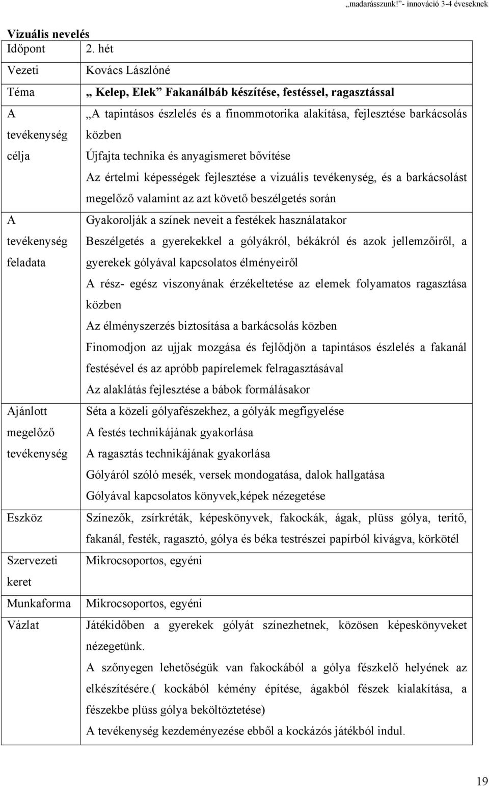 ragasztással A tapintásos észlelés és a finommotorika alakítása, fejlesztése barkácsolás közben Újfajta technika és anyagismeret bővítése Az értelmi képességek fejlesztése a vizuális tevékenység, és
