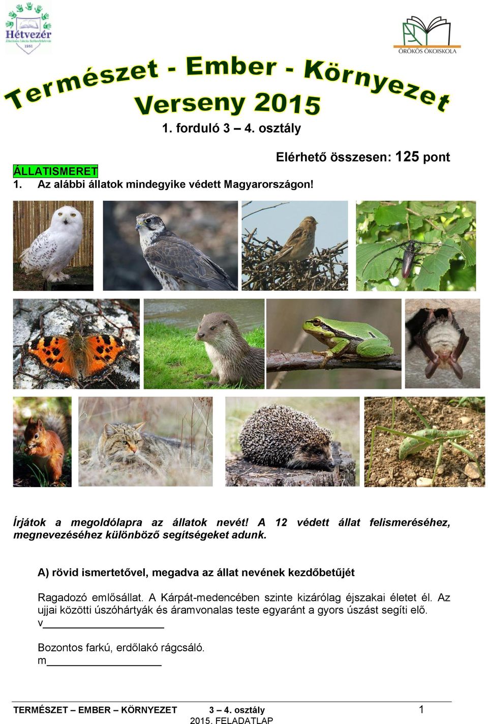 A 12 védett állat felismeréséhez, megnevezéséhez különböző segítségeket adunk A) rövid ismertetővel, megadva az állat nevének