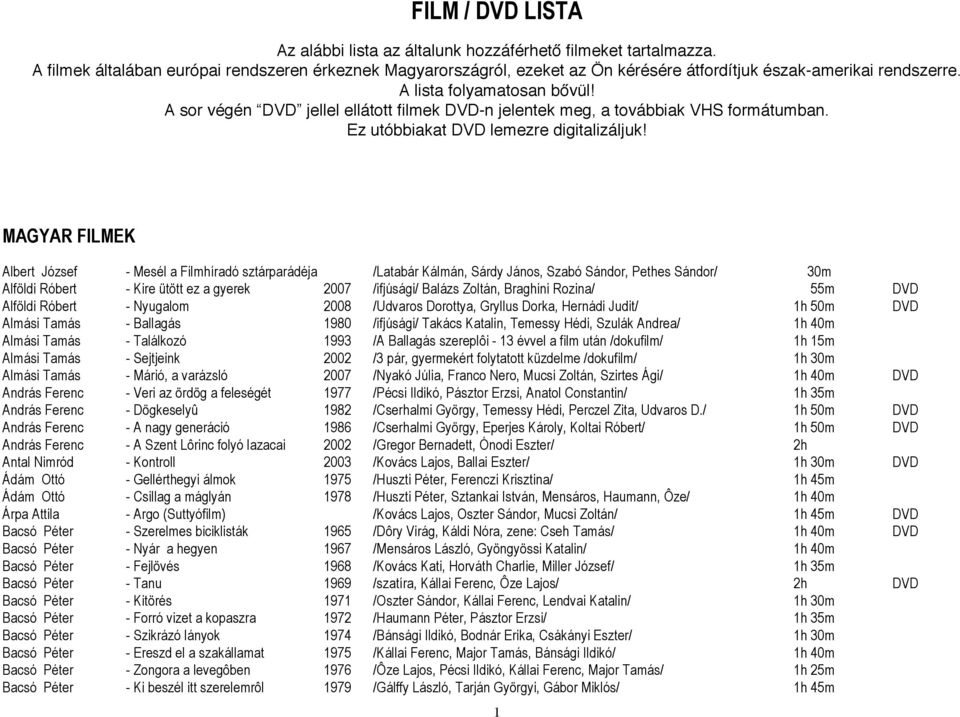 FILM / DVD LISTA MAGYAR FILMEK - PDF Ingyenes letöltés