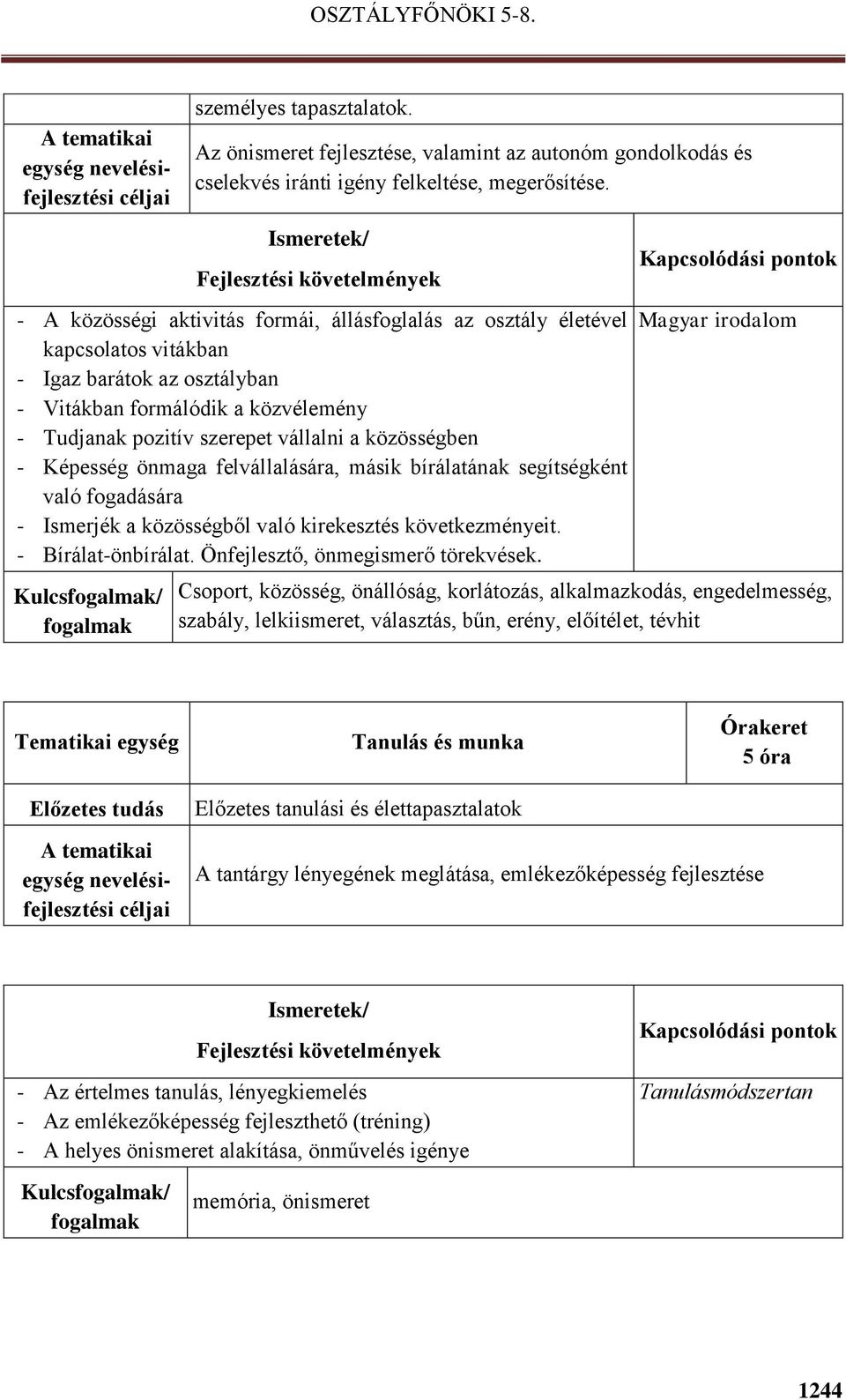 közösségben - Képesség önmaga felvállalására, másik bírálatának segítségként való fogadására - Ismerjék a közösségből való kirekesztés következményeit. - Bírálat-önbírálat.