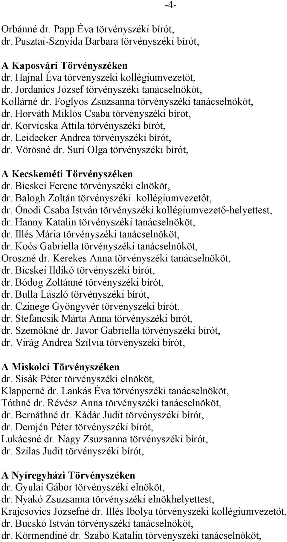 Leidecker Andrea törvényszéki bírót, dr. Vörösné dr. Suri Olga törvényszéki bírót, A Kecskeméti Törvényszéken dr. Bicskei Ferenc törvényszéki elnököt, dr.