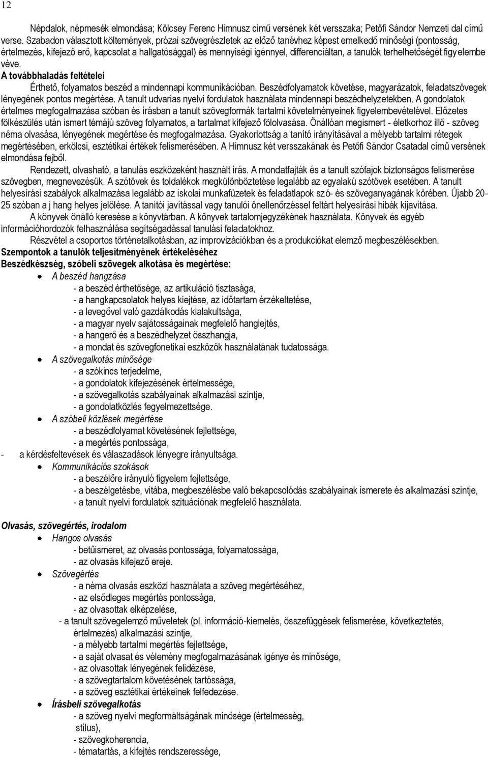 differenciáltan, a tanulók terhelhetőségét figyelembe véve. A továbbhaladás feltételei Érthető, folyamatos beszéd a mindennapi kommunikációban.