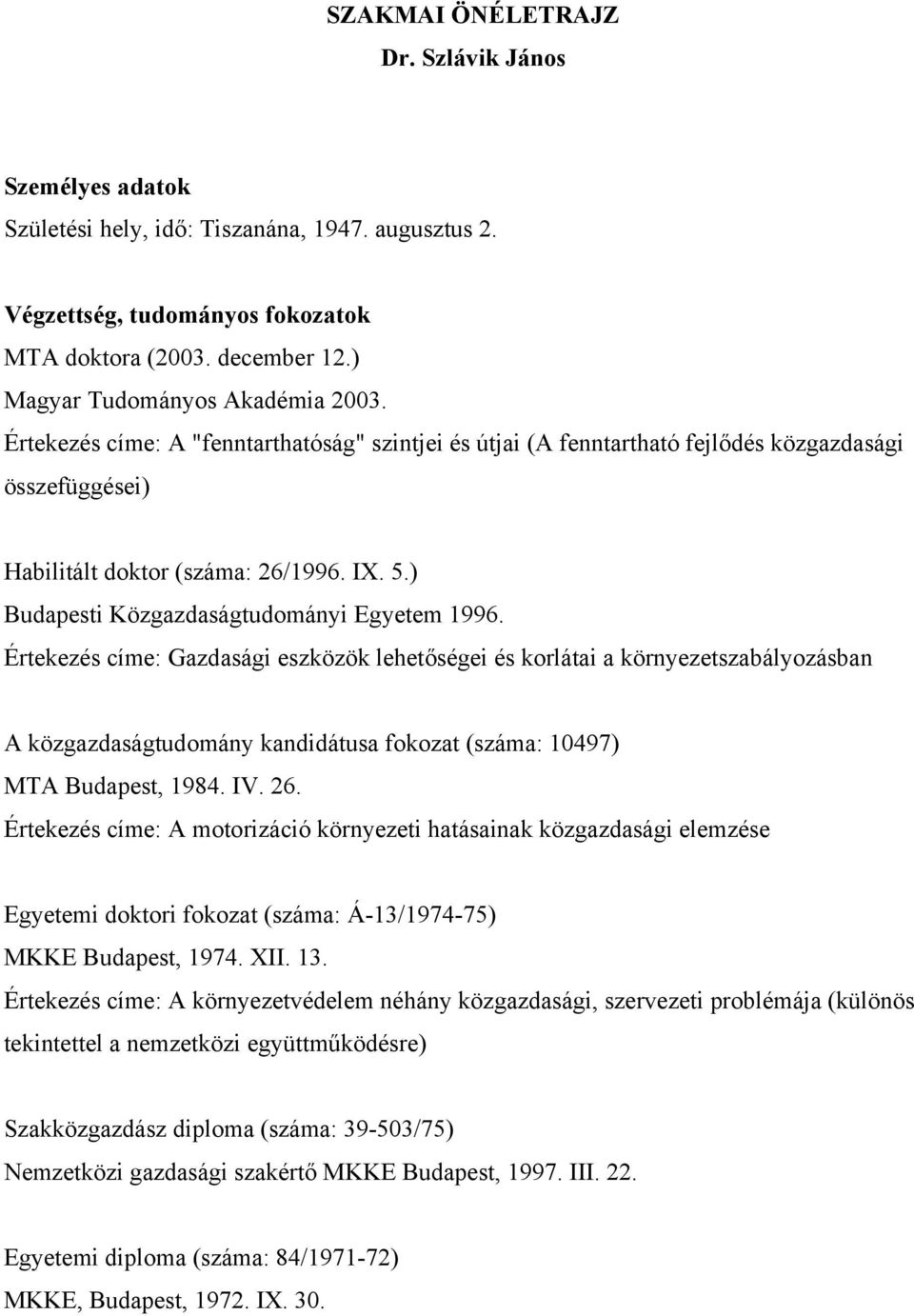 ) Budapesti Közgazdaságtudományi Egyetem 1996.