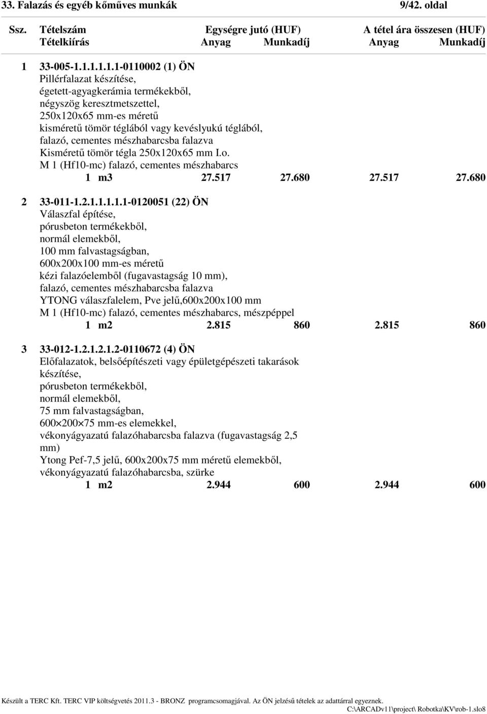 1.1.1.1.1-0110002 (1) ÖN Pillérfalazat készítése, égetett-agyagkerámia termékekből, négyszög keresztmetszettel, 250x120x65 mm-es méretű kisméretű tömör téglából vagy kevéslyukú téglából, falazó,