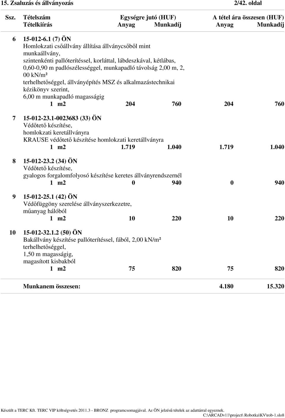 00 kn/m² terhelhetőséggel, állványépítés MSZ és alkalmazástechnikai kézikönyv szerint, 6,00 m munkapadló magasságig 1 m2 204 760 204 760 7 15-012-23.