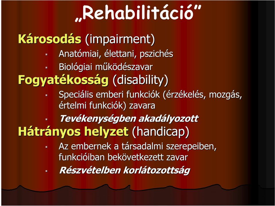 funkciók) k) zavara Tevékenys kenységben akadályozott Hátrányos helyzet (handicap) Az embernek