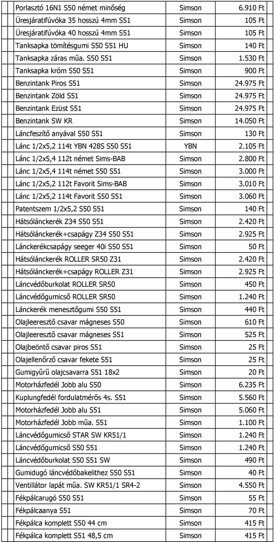 050 Ft Láncfeszítő anyával S50 S51 130 Ft Lánc 1/2x5,2 114t YBN 428S S50 S51 YBN 2.105 Ft Lánc 1/2x5,4 112t német Sims-BAB 2.800 Ft Lánc 1/2x5,4 114t német S50 S51 3.