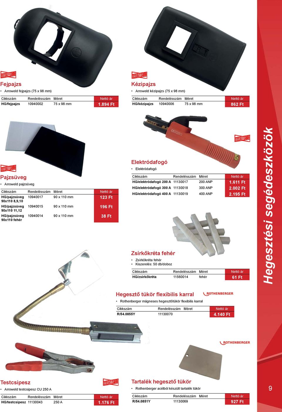 110 mm 196 Ft 90x110 11,12 HG/pajzsüveg 90x110 fehér 10940014 90 x 110 mm 38 Ft Testcsipesz Arroweld testcsipesz CU 250 A Elektródafogó Elektródafogó HG/elektródafogó 200 A 11130017 200 ANP 1.