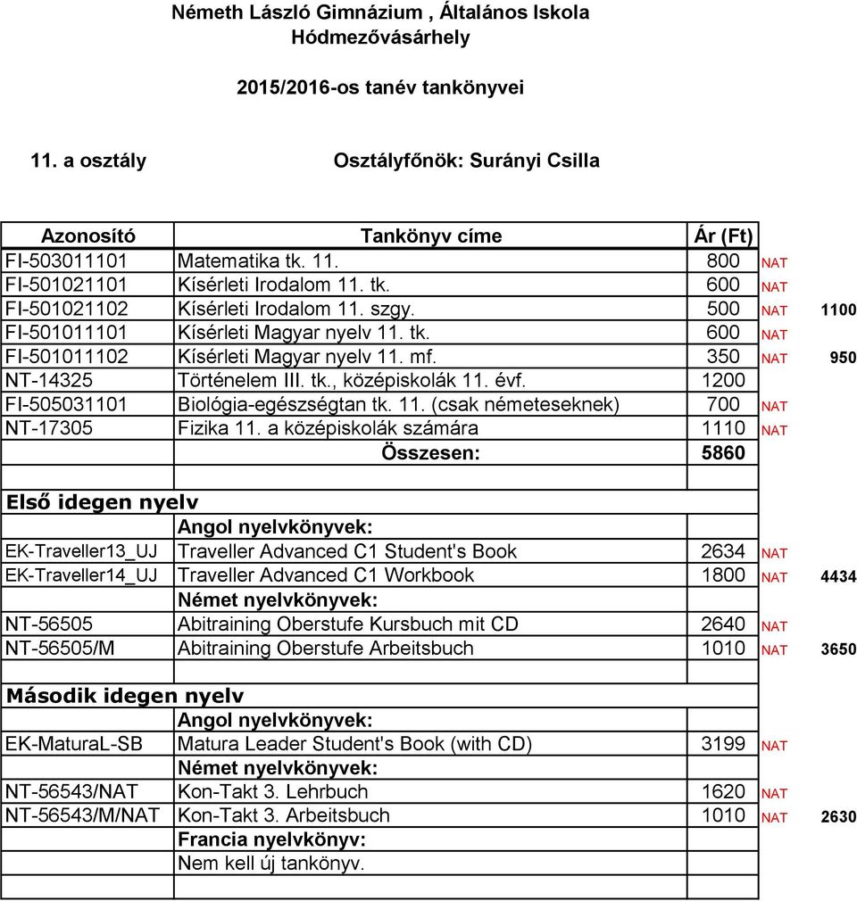 1200 FI-505031101 Biológia-egészségtan tk. 11. (csak németeseknek) 700 NAT NT-17305 Fizika 11.
