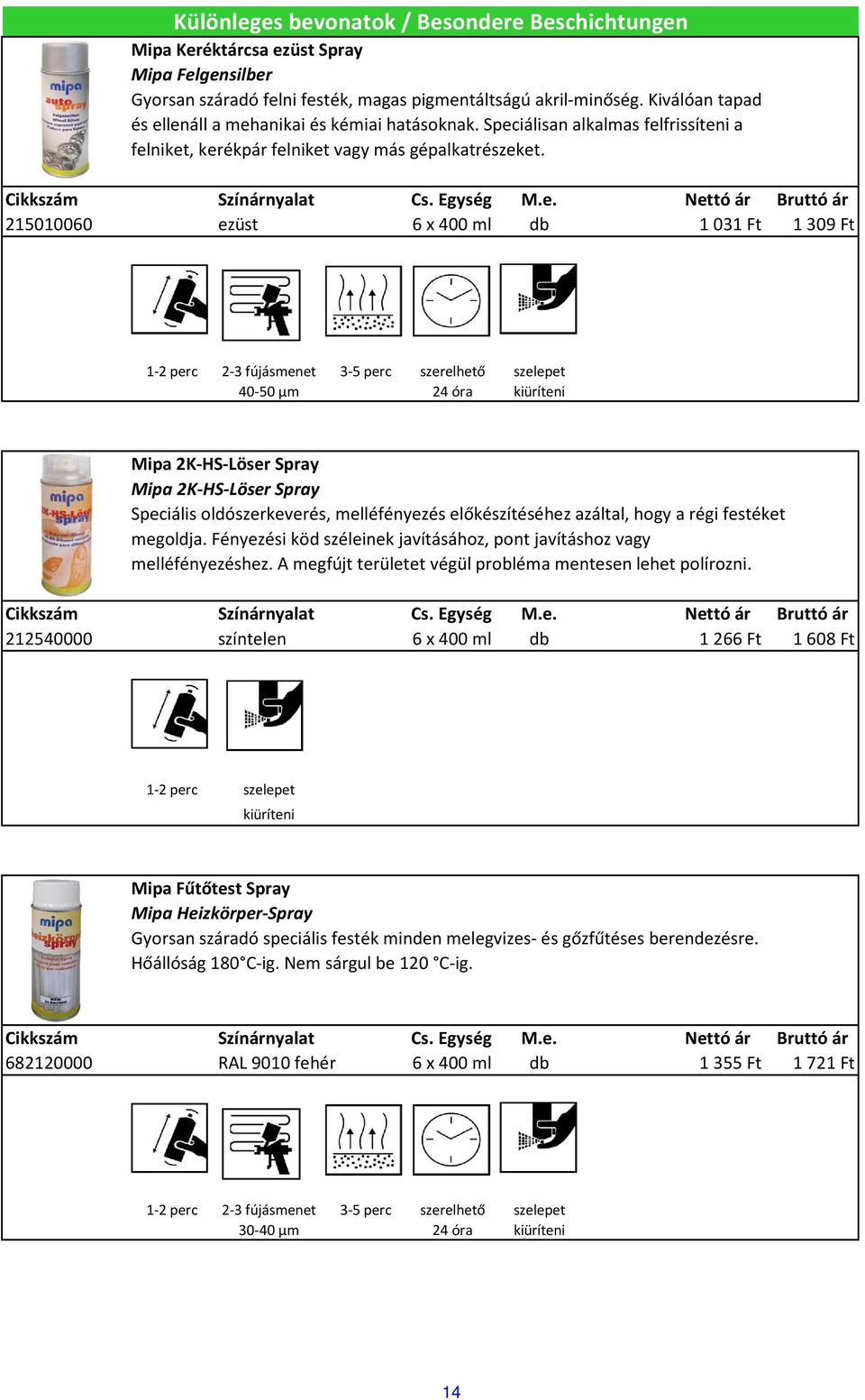 215010060 ezüst 6 x 400 ml db 1 031 Ft 1 309 Ft 40-50 µm 24 óra kiüríteni Mipa 2K-HS-Löser Spray Mipa 2K-HS-Löser Spray Speciális oldószerkeverés, melléfényezés előkészítéséhez azáltal, hogy a régi