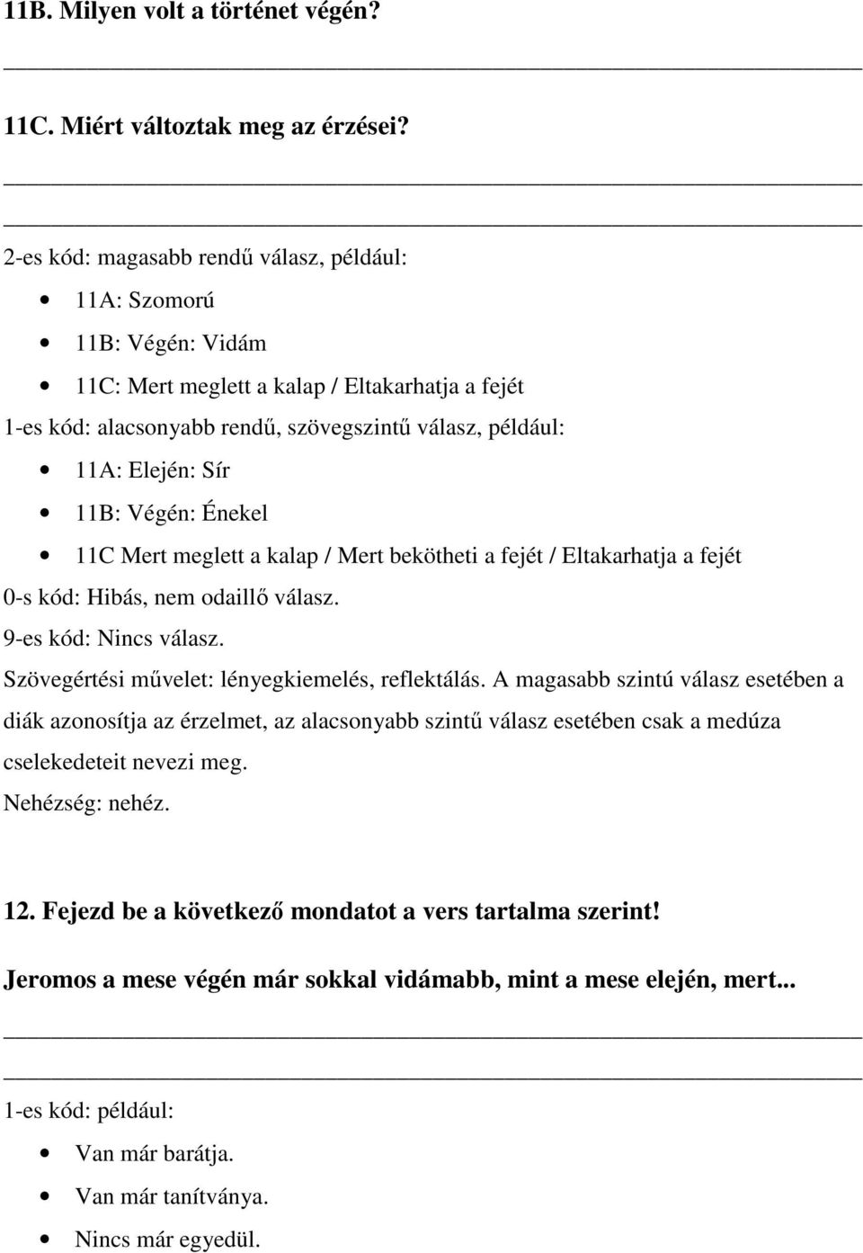 Elején: Sír 11B: Végén: Énekel 11C Mert meglett a kalap / Mert bekötheti a fejét / Eltakarhatja a fejét Szövegértési művelet: lényegkiemelés, reflektálás.