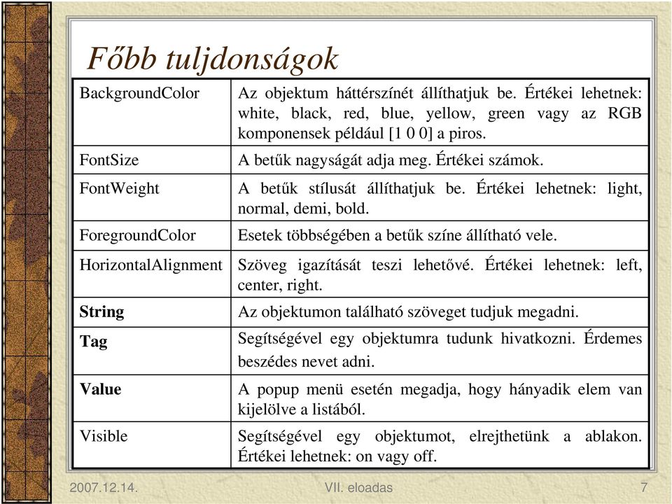 Értékei lehetnek: light, normal, demi, bold. Esetek többségében a betűk színe állítható vele. Szöveg igazítását teszi lehetővé. Értékei lehetnek: left, center, right.