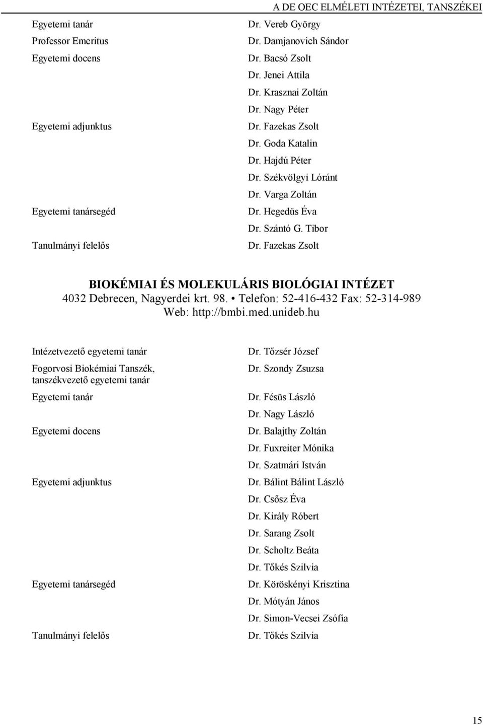 Fazekas Zsolt BIOKÉMIAI ÉS MOLEKULÁRIS BIOLÓGIAI INTÉZET 4032 Debrecen, Nagyerdei krt. 98. Telefon: 52-416-432 Fax: 52-314-989 Web: http://bmbi.med.unideb.