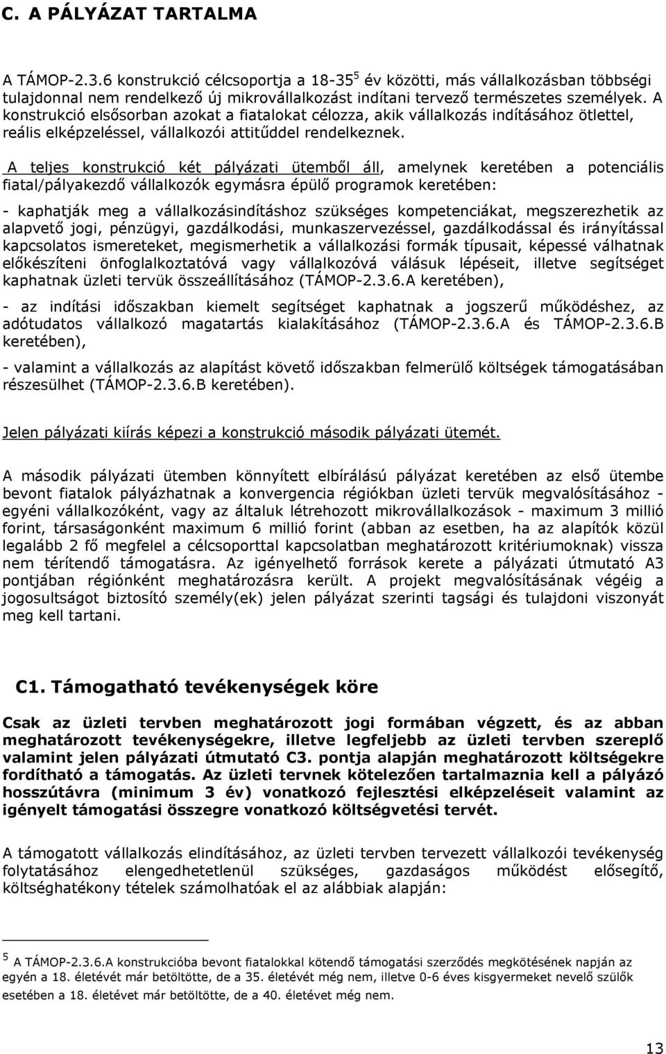 A teljes konstrukció két pályázati ütemből áll, amelynek keretében a potenciális fiatal/pályakezdő vállalkozók egymásra épülő programok keretében: - kaphatják meg a vállalkozásindításhoz szükséges