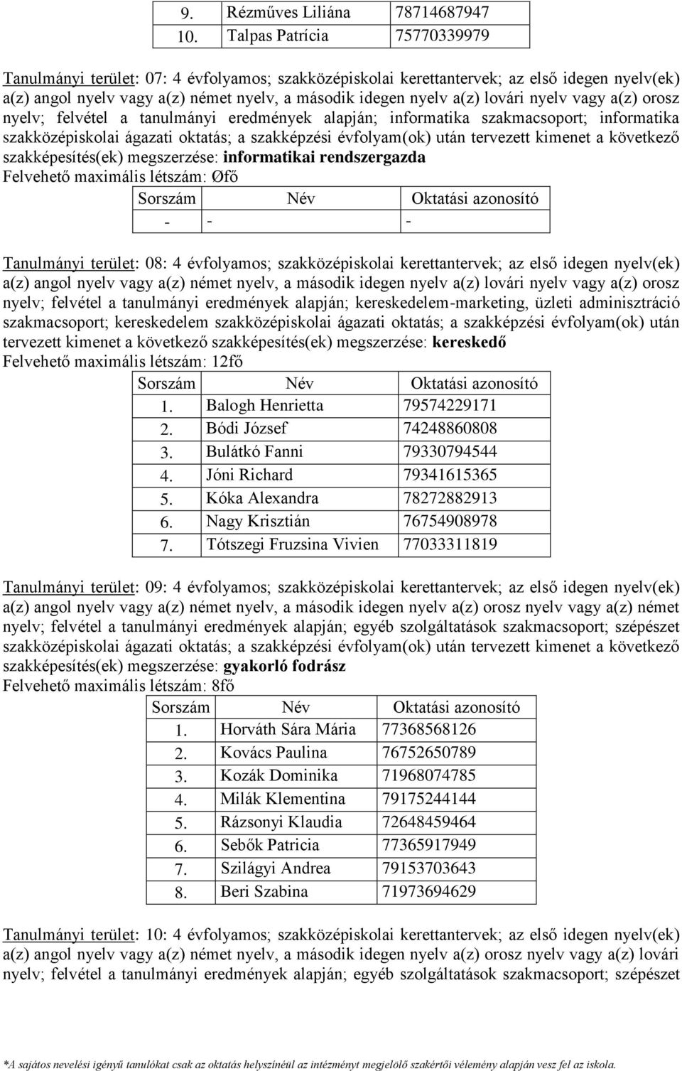 nyelv vagy a(z) orosz nyelv; felvétel a tanulmányi eredmények alapján; informatika szakmacsoport; informatika szakképesítés(ek) megszerzése: informatikai rendszergazda - - - Tanulmányi terület: 08: 4
