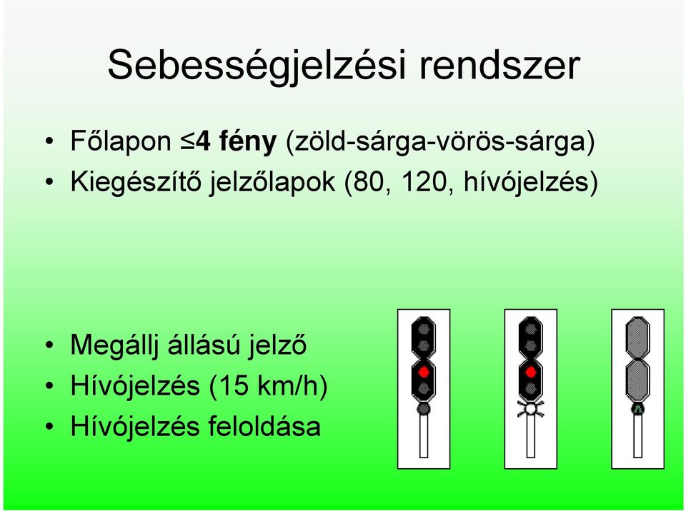 jelzőlapok (80, 120, hívójelzés) Megállj