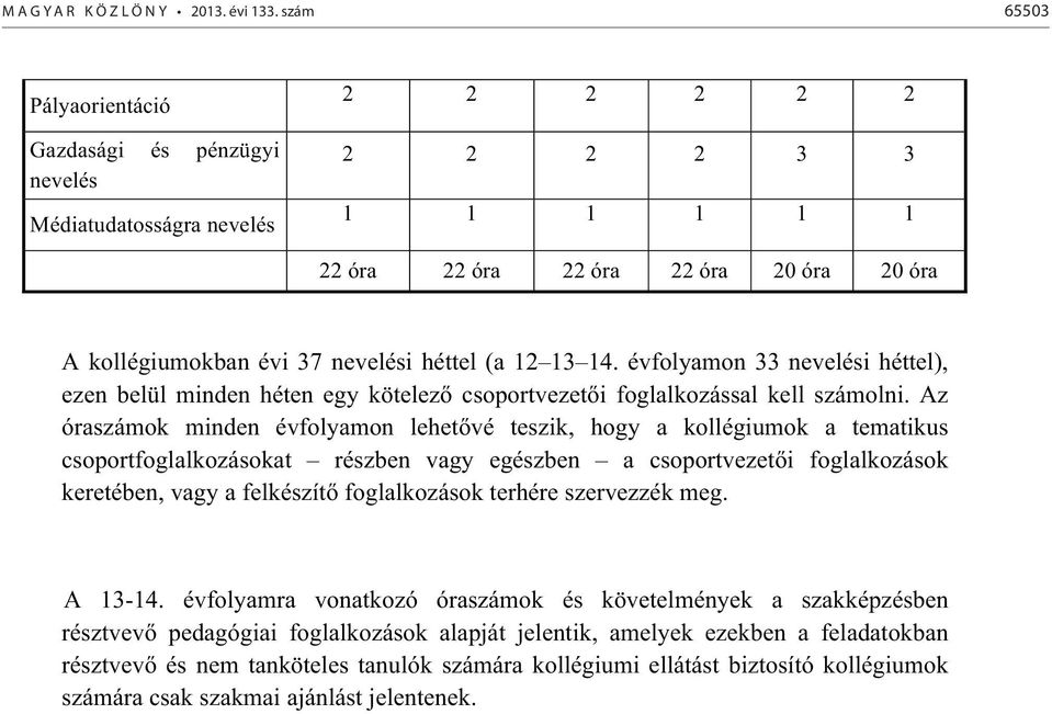 Az óraszámok minden évfolyamon lehet vé teszik, hogy a kollégiumok a tematikus csoportfoglalkozásokat részben vagy egészben a csoportvezet i foglalkozások keretében, vagy a felkészít foglalkozások