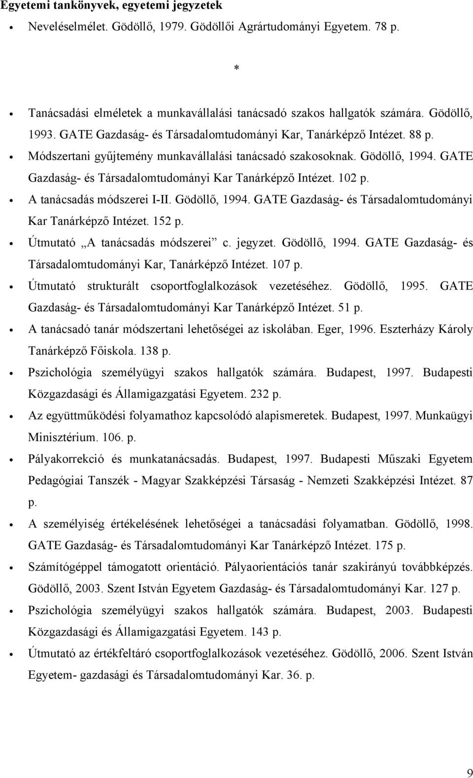 GATE Gazdaság- és Társadalomtudományi Kar Tanárképző Intézet. 102 p. A tanácsadás módszerei I-II. Gödöllő, 1994. GATE Gazdaság- és Társadalomtudományi Kar Tanárképző Intézet. 152 p.