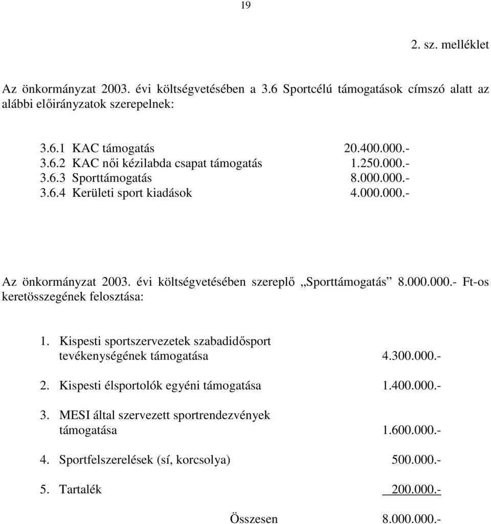 évi költségvetésében szereplı Sporttámogatás 8.000.000.- Ft-os keretösszegének felosztása: 1. Kispesti sportszervezetek szabadidısport tevékenységének támogatása 4.300.000.- 2.
