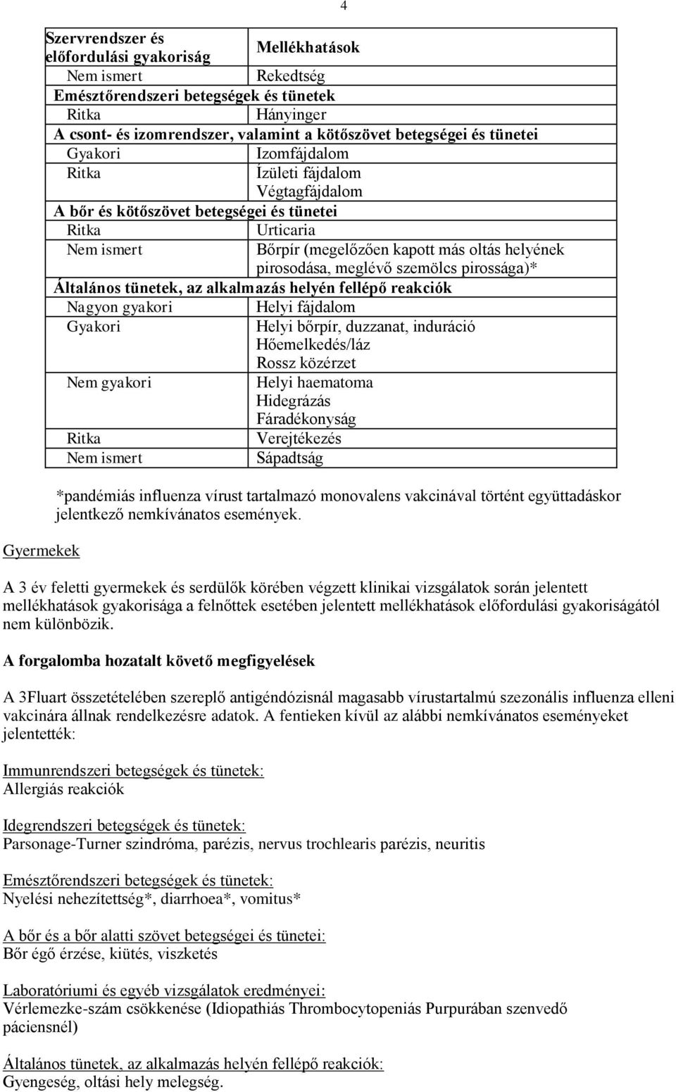 pirossága)* Általános tünetek, az alkalmazás helyén fellépő reakciók Nagyon gyakori Helyi fájdalom Gyakori Helyi bőrpír, duzzanat, induráció Hőemelkedés/láz Rossz közérzet Nem gyakori Helyi haematoma