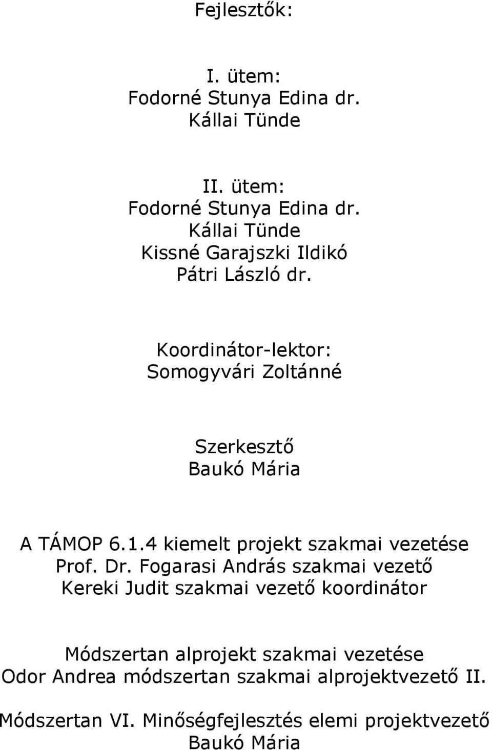 Fogarasi András szakmai vezető Kereki Judit szakmai vezető koordinátor Módszertan alprojekt szakmai vezetése Odor Andrea