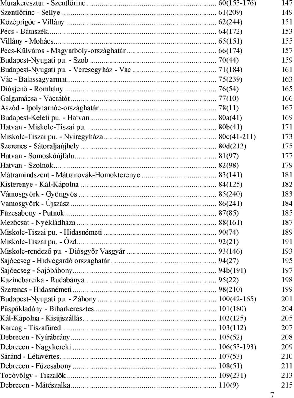 .. 75(239) 163 Diósjenő - Romhány... 76(54) 165 Galgamácsa - Vácrátót... 77(10) 166 Aszód - Ipolytarnóc-országhatár... 78(11) 167 Budapest-Keleti pu. - Hatvan... 80a(41) 169 Hatvan - Miskolc-Tiszai pu.