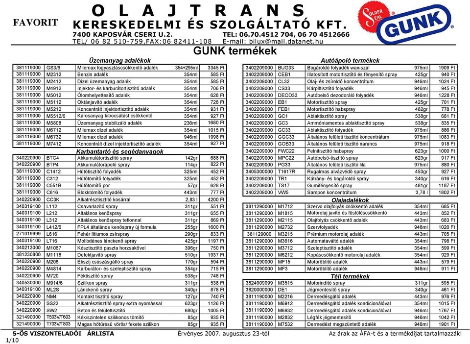 M4912 Injektor- és karburátortisztító adalék 354ml 706 Ft 3402209000 CS33 Kárpittisztító folyadék 946ml 945 Ft M5012 Ólomhelyettesítő adalék 354ml 628 Ft 3402209000 DEOD33 Autóbelső dezodoráló