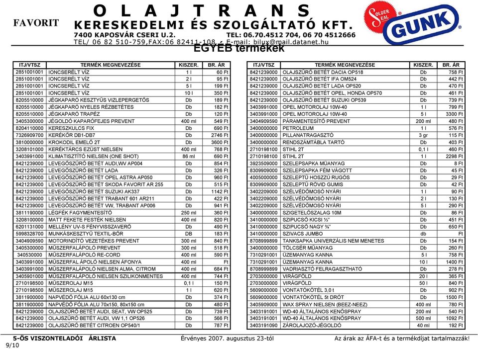 ÁR 2851001001 IONCSERÉLT VÍZ 1 l 60 Ft 8421239000 OLAJSZŰRŐ BETÉT DACIA OP518 Db 758 Ft 2851001001 1 IONCSERÉLT VÍZ 2 l 95 Ft 8421239000 OLAJSZŰRŐ BETÉT IFA OM524 Db 442 Ft 2851001001 IONCSERÉLT VÍZ