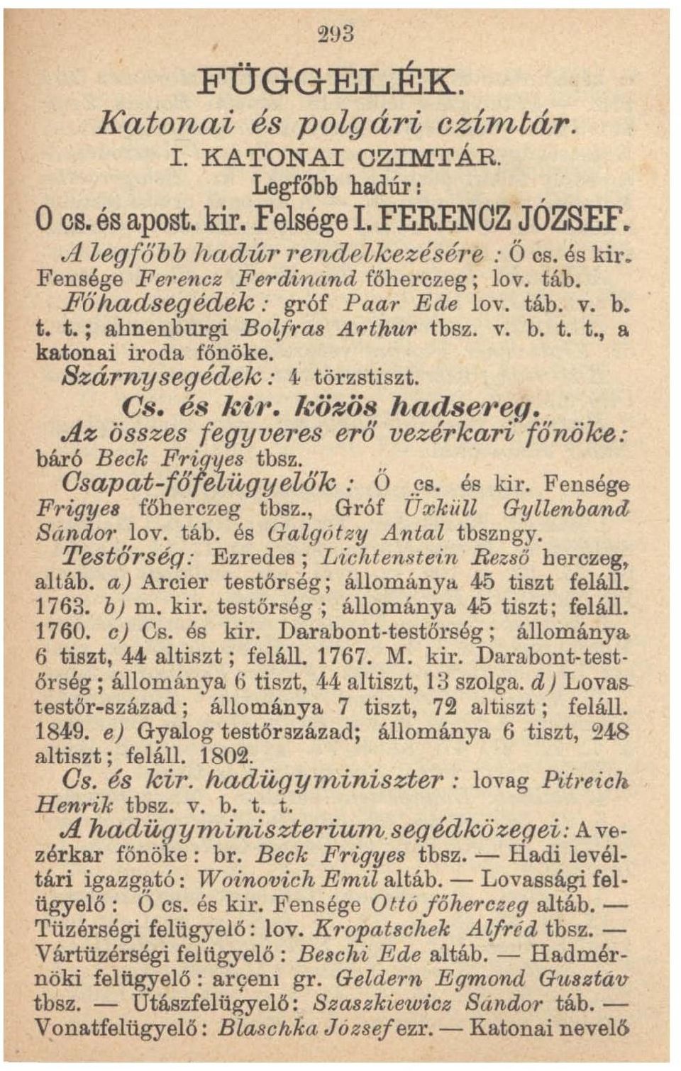 CS. és kij-. közös hadsereg. A.z összes fegyveres erő vezérkari' főnöke: báró Beek Frifiy"es tbsz. Gsapat-főreU};gyelők: Ő.~S. és kir. Fensége Frigye8 főherczeg tbsz., Gróf Uxkiill Gyllenban4 Sándo?