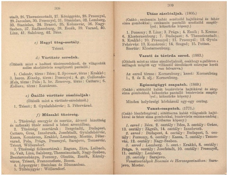 lr~átvörös szegélyzetű pantall6.) 1. Császdr, törzs: Bécs; 2. Sponner, törzs: Krakkó; 3. hercz. Kinsky, törzs: Przemysl; 4. gr. Colloredo Mels, törzs: Pola; 5. br. Rouvroy, törzs: Cattaro; 6.