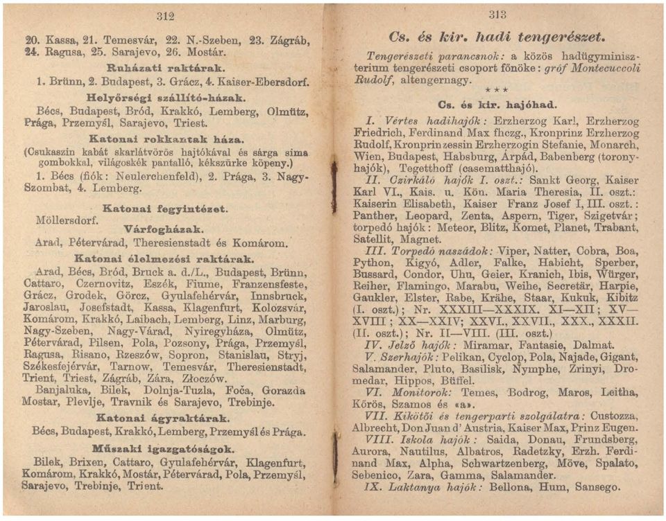 (Csukaszin kabát skarlátvörös hajtókávaj és sárga sima gombokkal, világoskék pantalló, kékszürke köpeny.) 1. Bécs (fiók: Neulerchenfeld), 2. Prága, 3. Nagy Szombat, 4. Lemberg. Katonai fegyintézet.