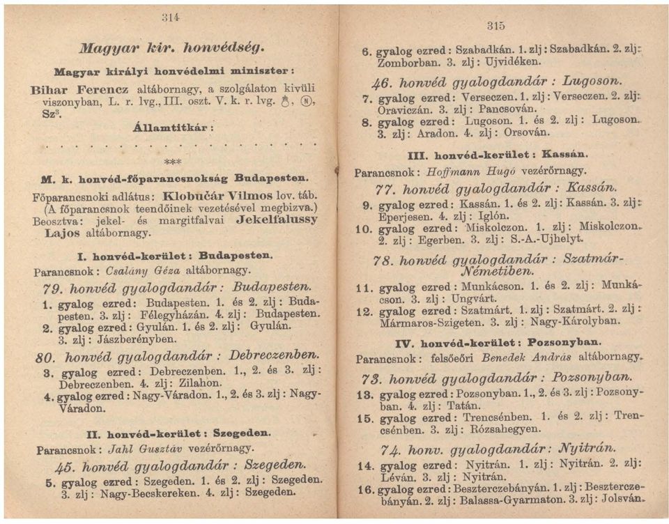 ) Beosztva: jekel- és margitfalvai Jekelfalussy Lajos altábornagy. I. honvéd-kerület: Budape&ten. Pa.rancsnok: Csalany Géza altábornagy. 79. honvéd gyalogdandár " Budapesten. 1.
