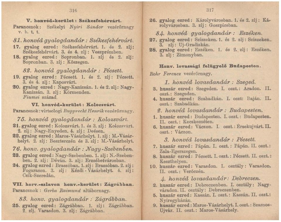 3. és 4. zlj: Kaposvári. 20. gyalog ezred; Nagy-Kanizsán. 1. és 2. zlj: Nagy. Kanizsán. 3. zlj: Körmenden. Fiumei század. VI. honvéd.kerület: Koloz8várt. Para.