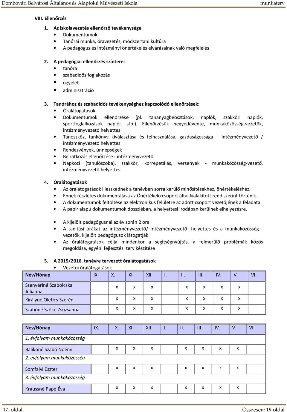 tananyagbeosztások, naplók, szakköri naplók, sportfoglalkozások naplói, stb.).
