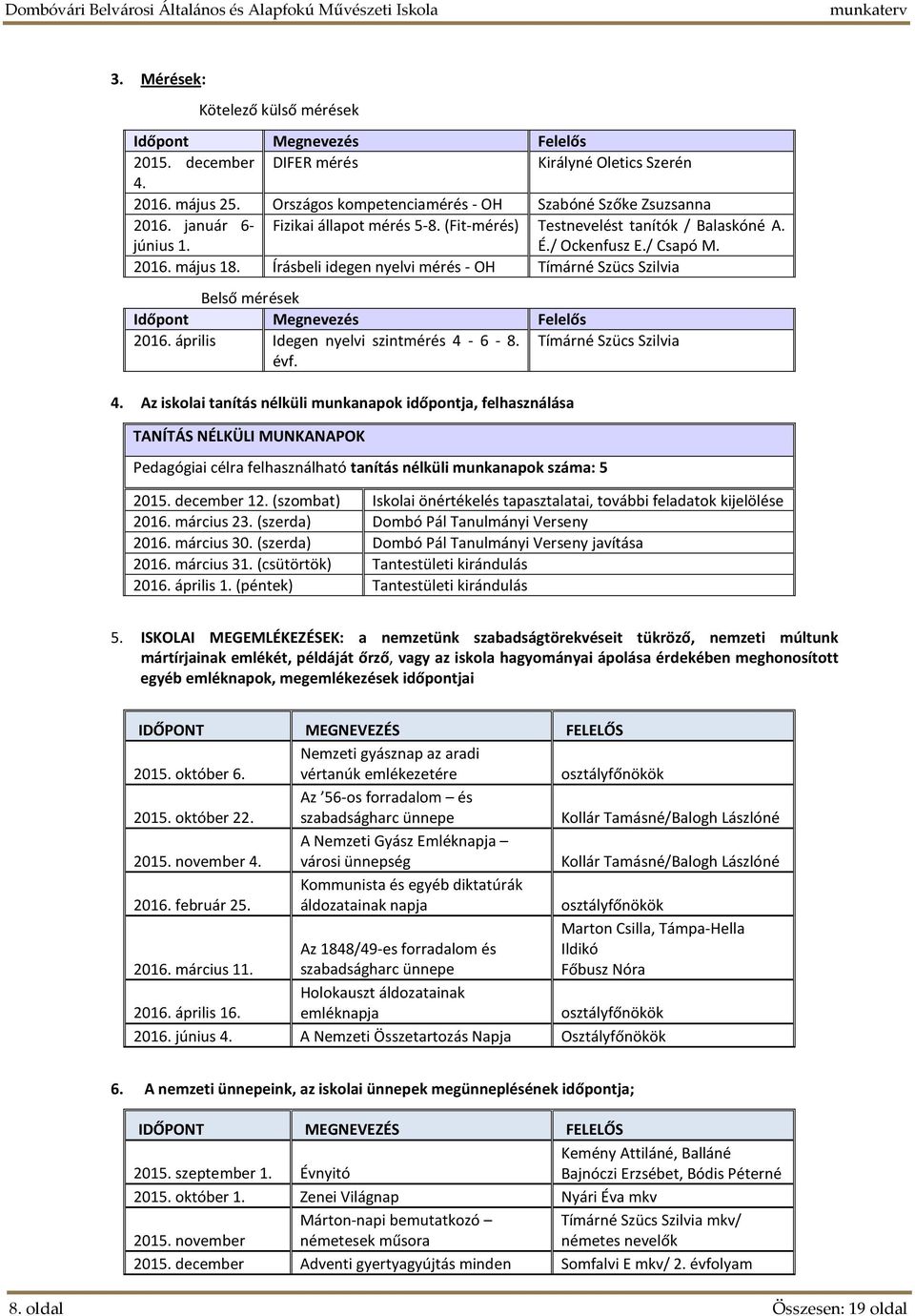 Írásbeli idegen nyelvi mérés - OH Tímárné Szücs Szilvia Belső mérések Időpont Megnevezés Felelős 2016. április Idegen nyelvi szintmérés 4-