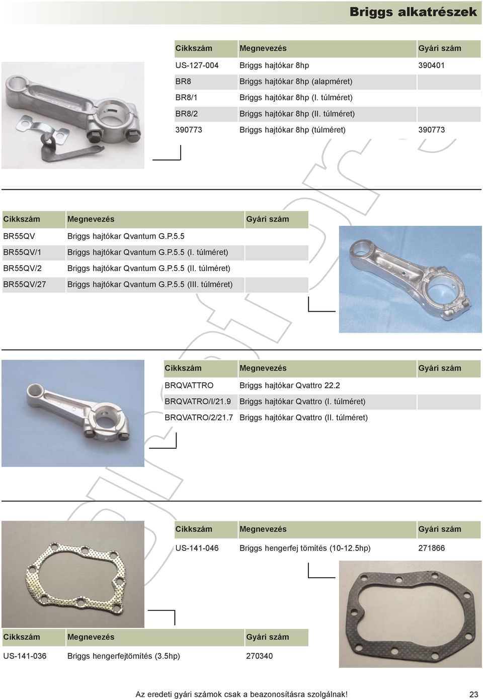túlméret) Briggs hajtókar Qvantum G.P.5.5 (II. túlméret) Briggs hajtókar Qvantum G.P.5.5 (III. túlméret) BRQVATTRO Briggs hajtókar Qvattro 22.2 BRQVATRO/I/21.