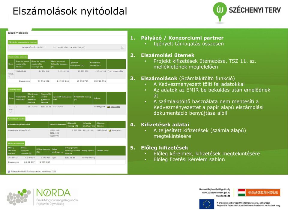 Elszámolások (Számlakitöltő funkció) A Kedvezményezett tölti fel adatokkal Az adatok az EMIR-be beküldés után emelődnek át A számlakitöltő